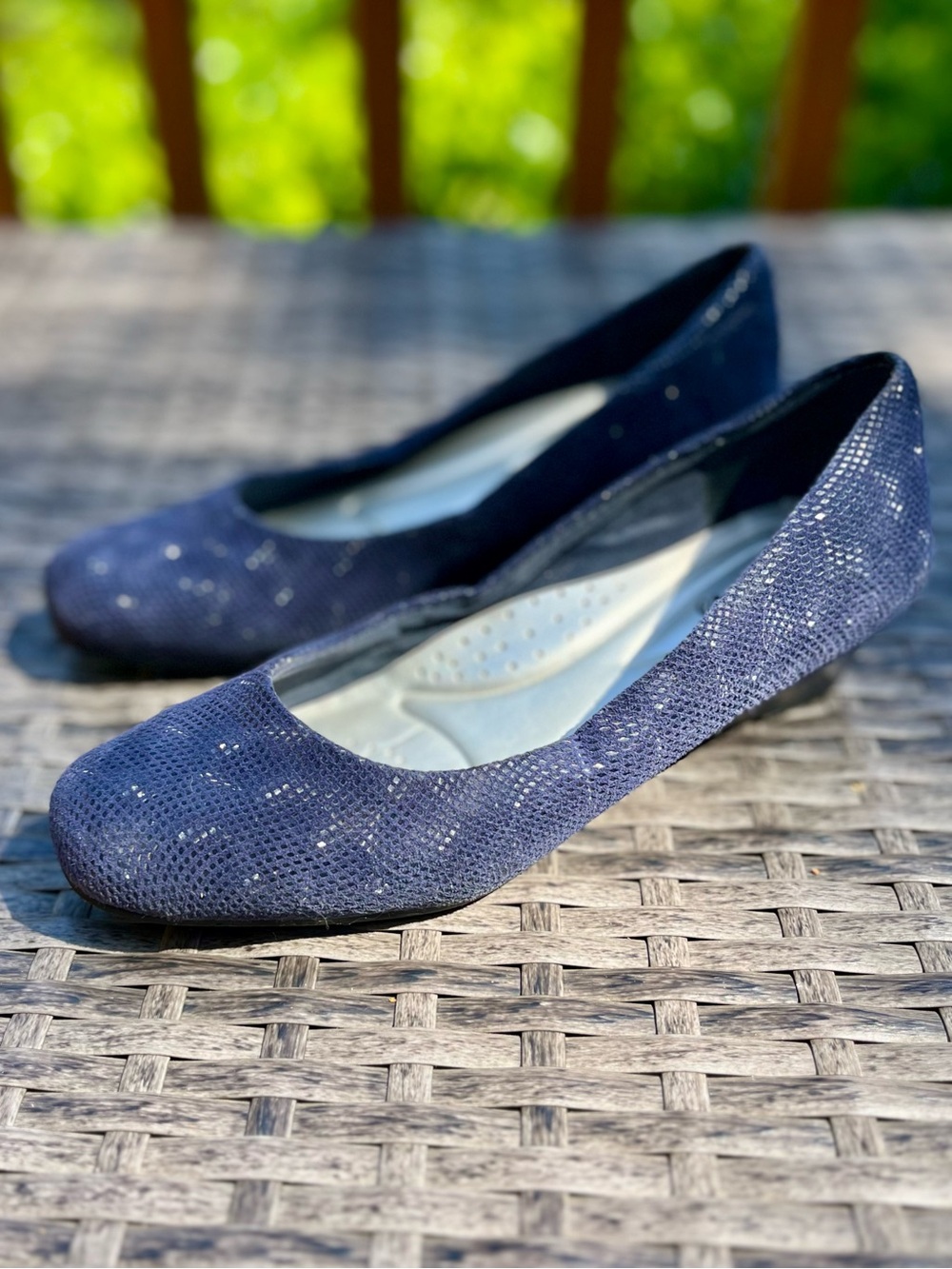 Trotters Navy Blue Lauren Low Wedge Heel, Textured Patent Suede Slip On - Picture 2 of 8